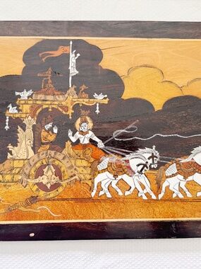 Vintage Indian Marquetry Wood Inlay Wall Art Lord Krishna Chariot 17.5x11.5